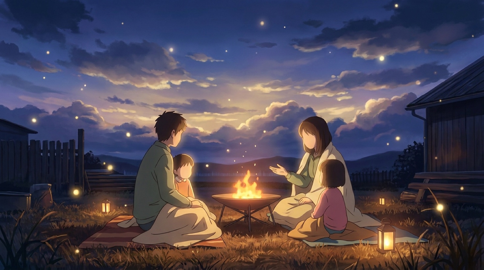 Firelight stories at dusk