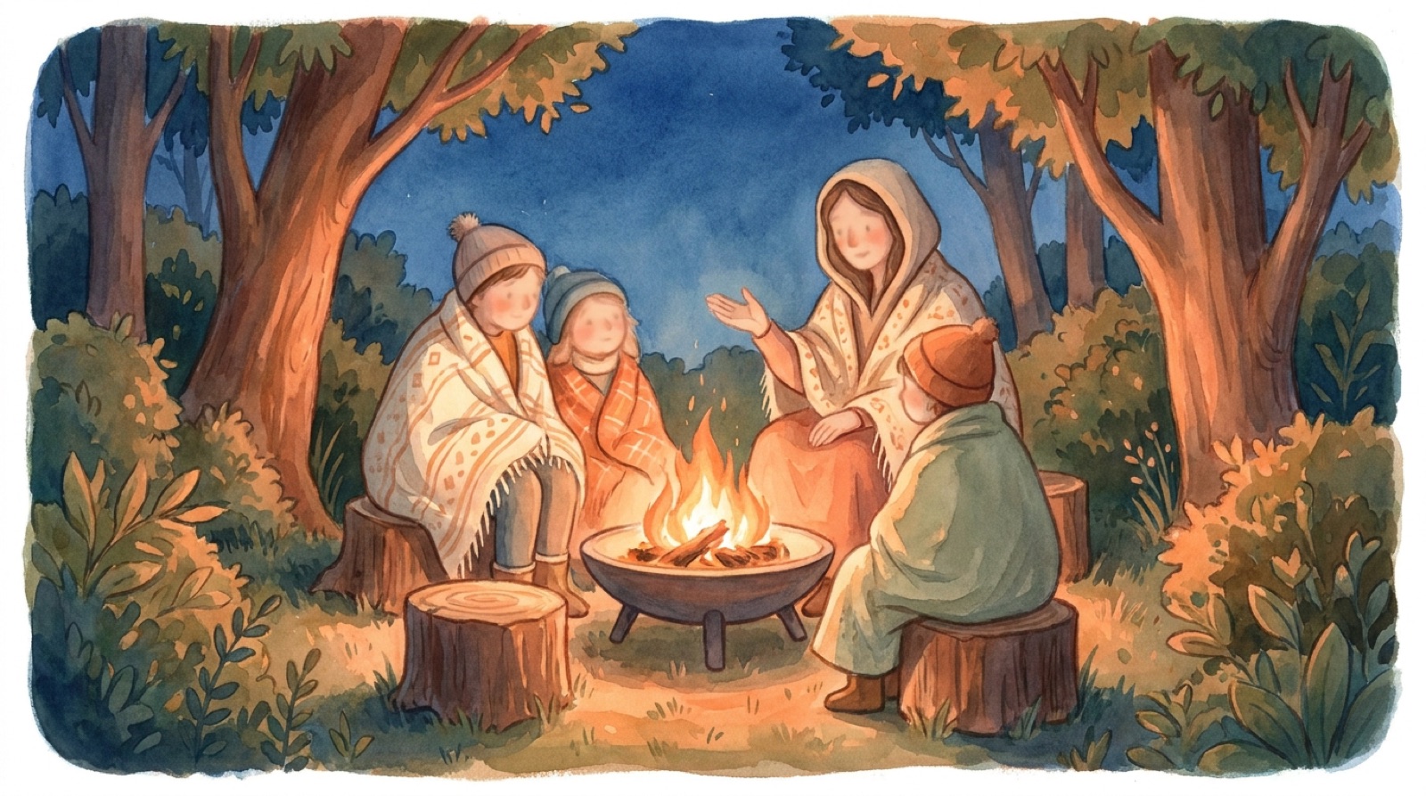Firelight stories at dusk